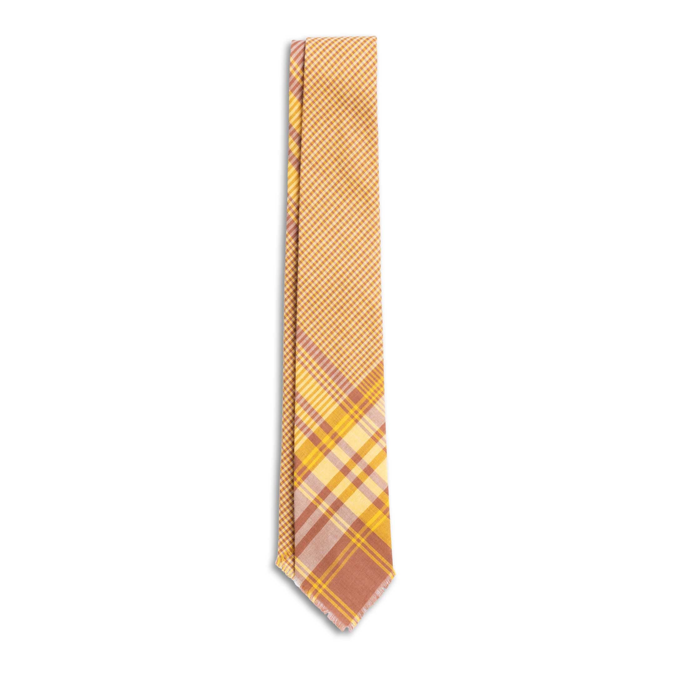 Anatomica Hand Fringed Madras Tie Mustard