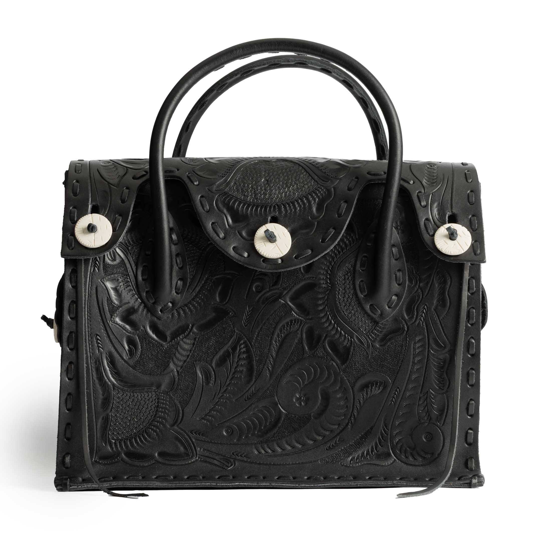 Chamula Western Stitch Carving Bag L Black