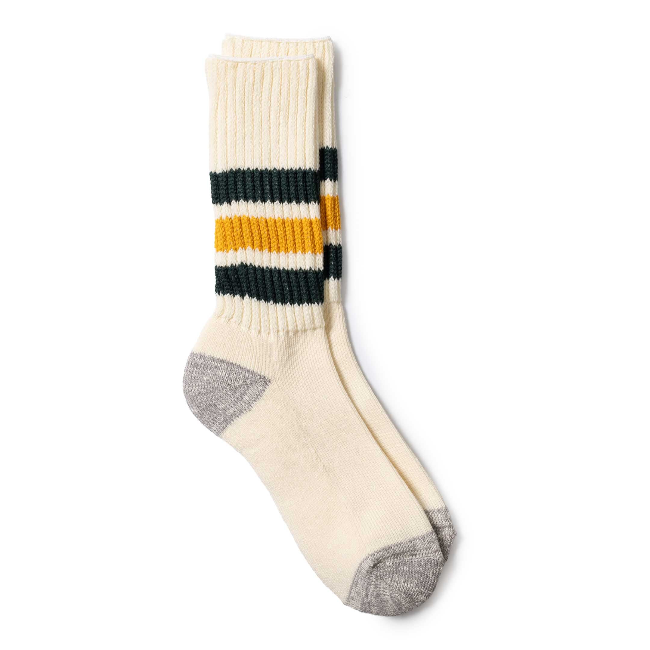 Rototo Coarse Ribbed Old School Crew Socks Dark Green/Yellow