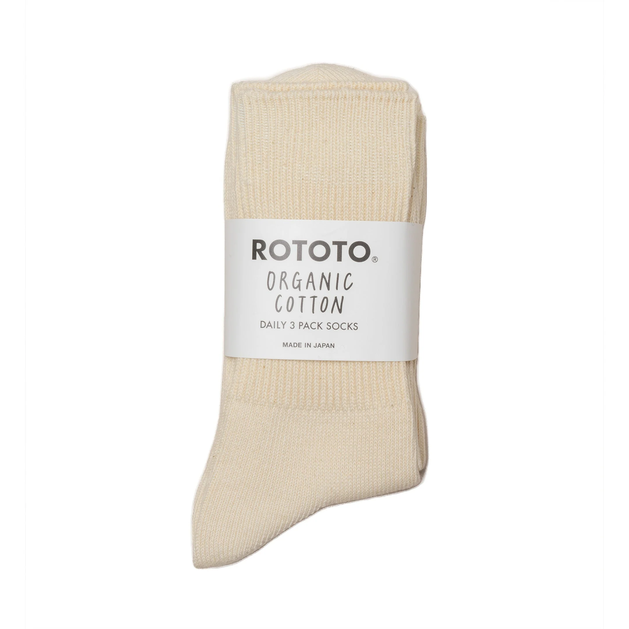 Rototo Organic Daily 3 Pack Ribbed Crew Socks Ecru