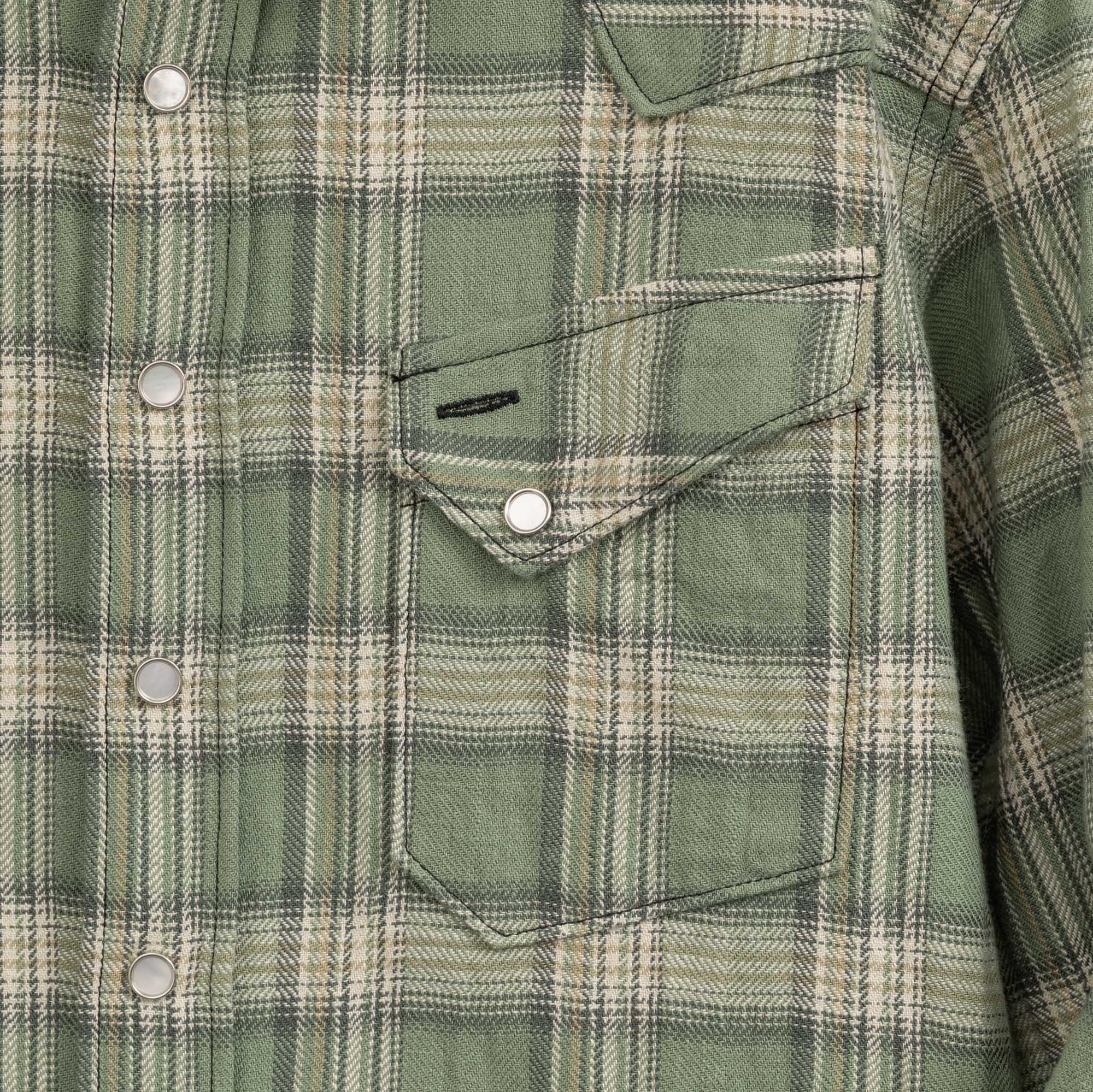 Sugar Cane Washer Herringbone Check Western Shirt Green - Image 4